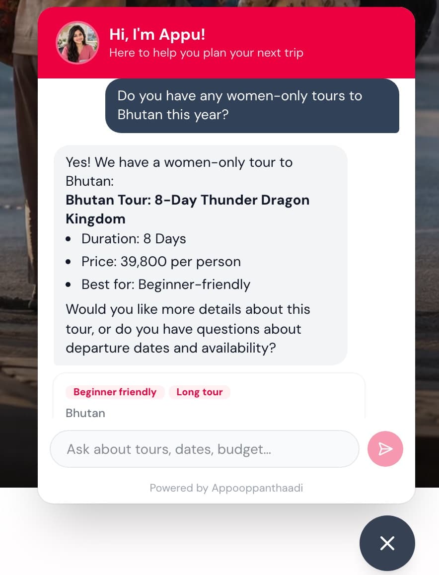Appu chat: asked about women-only tours to Bhutan, it replies with the 8-day Thunder Dragon Kingdom tour at 39,800 per person, the same figures as the tour page.
