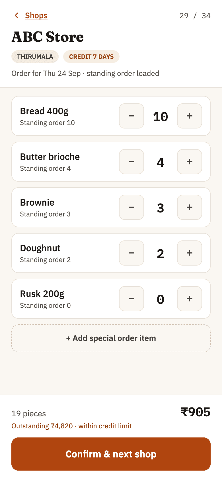 Wholesale order entry for ABC Store on a phone: five products pre-filled from the standing order, quantities adjustable with plus/minus, totalling ₹905 against a ₹4,820 outstanding balance within credit limit.